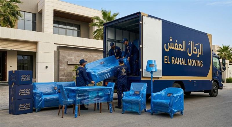 فريق الرحال يقوم بتغليف الأثاث احترافياً بالكرتون المضلع والبلاستيك الفقاعي قبل نقله في جدة