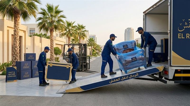 سيارة نقل عفش الرحال المغلقة في أحد شوارع جدة الحديثة مستعدة للتحميل