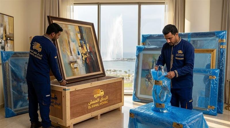 عمال الرحال يستخدمون أحزمة الرفع الاحترافية لحمل قطعة أثاث ثقيلة بأمان في جدة