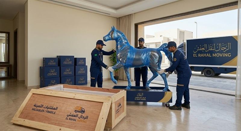 تغليف الكنب الجلدي الفاخر بالاستريتش الشفاف قبل نقله من فيلا في جدة
