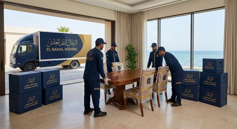 لحظة تسليم الأثاث المنقول بأمان في المنزل الجديد بجدة ومصافحة العميل لفريق الرحال