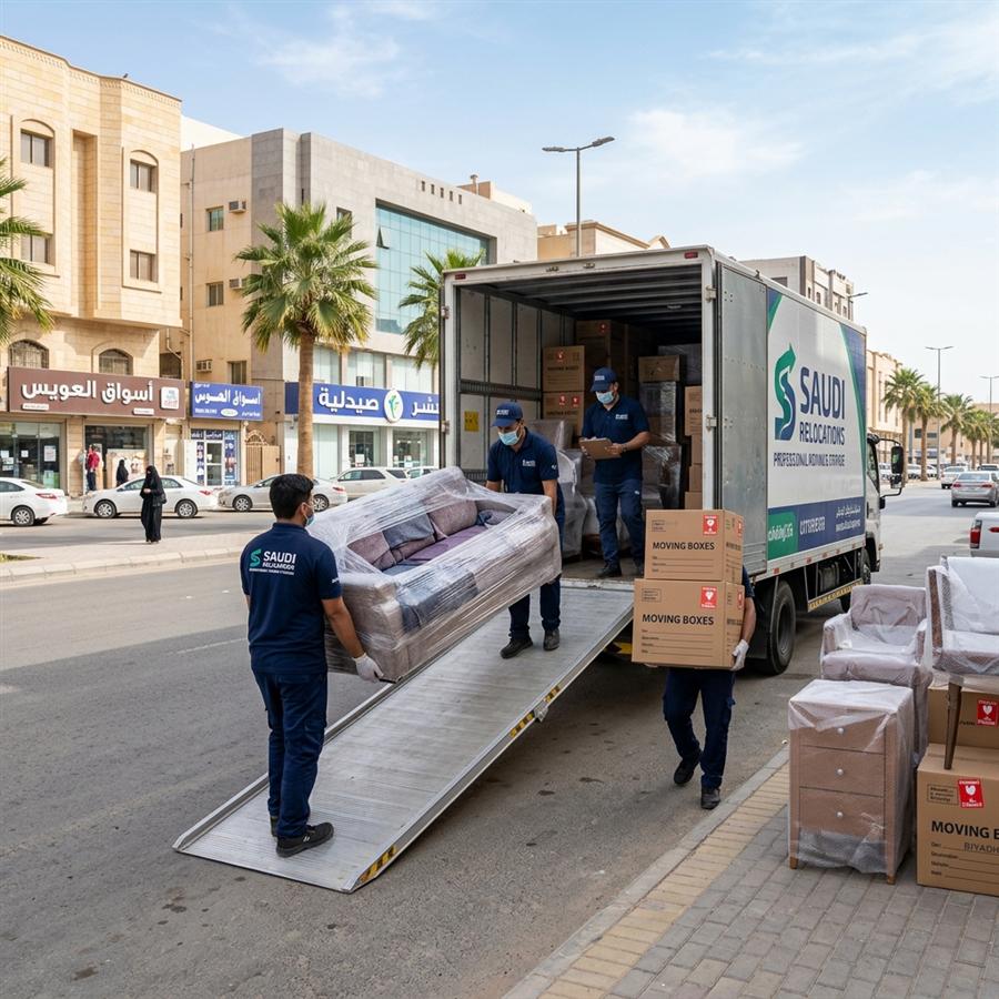 عملية نقل عفش ليلية في جدة مع إضاءة الشارع للعمل بسرعة وكفاءة