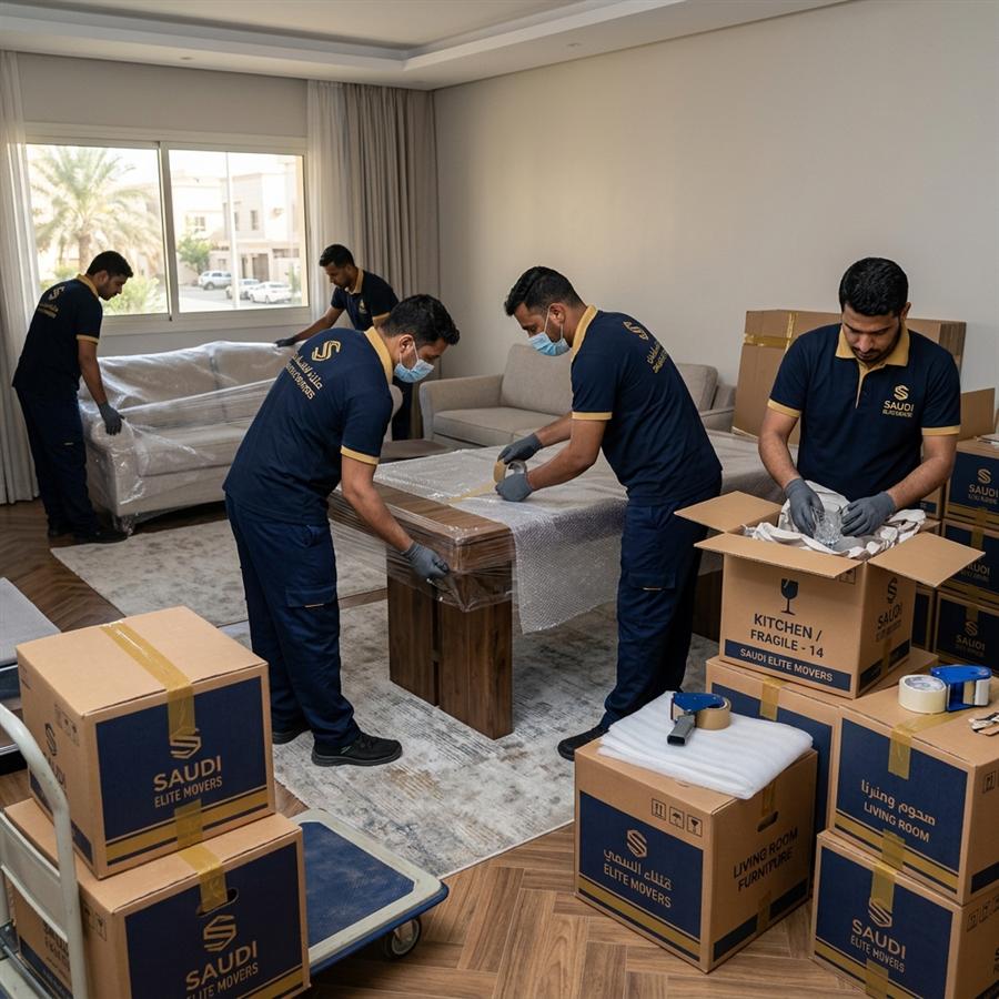 تغليف شاملة لقطع الأثاث المنزلي بالاستريتش والبلاستيك الفقاعي قبل نقلها في جدة